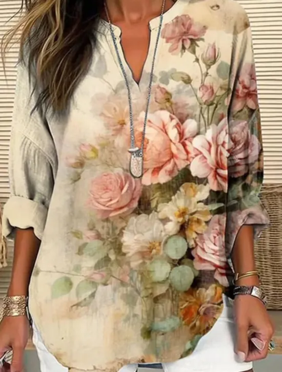Clearance Women's Shirt Blouse Floral Casual Long Sleeve Notched Neck Regular Tops Daily Print White Blue Khaki Fall Winter Women Spring Tops