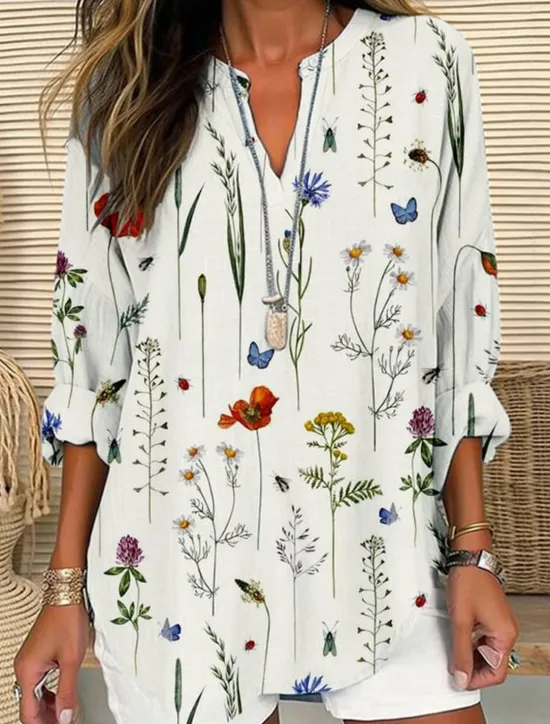 Clearance Women's Shirt Blouse Floral Casual Long Sleeve Notched Neck Regular Tops Daily Print White Blue Khaki Fall Winter Women Spring Tops