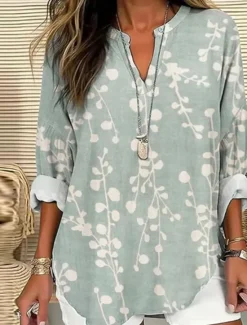 Clearance Women's Shirt Blouse Floral Casual Long Sleeve Notched Neck Regular Tops Daily Print White Blue Khaki Fall Winter Women Spring Tops