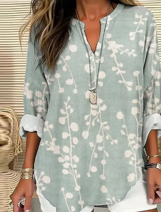 Clearance Women's Shirt Blouse Floral Casual Long Sleeve Notched Neck Regular Tops Daily Print White Blue Khaki Fall Winter Women Spring Tops