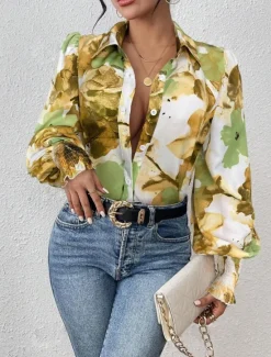 Clearance Women's Shirt Blouse Floral Elegant Ladies Stylish Long Sleeve Puff Sleeve Shirt Collar Regular Tops Work Daily Holiday Buttons Print Purple Green Spring Fall Winter Women Spring Tops