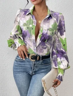 Clearance Women's Shirt Blouse Floral Elegant Ladies Stylish Long Sleeve Puff Sleeve Shirt Collar Regular Tops Work Daily Holiday Buttons Print Purple Green Spring Fall Winter Women Spring Tops