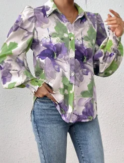 Clearance Women's Shirt Blouse Floral Elegant Ladies Stylish Long Sleeve Puff Sleeve Shirt Collar Regular Tops Work Daily Holiday Buttons Print Purple Green Spring Fall Winter Women Spring Tops