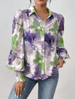 Clearance Women's Shirt Blouse Floral Elegant Ladies Stylish Long Sleeve Puff Sleeve Shirt Collar Regular Tops Work Daily Holiday Buttons Print Purple Green Spring Fall Winter Women Spring Tops