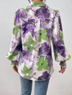 Clearance Women's Shirt Blouse Floral Elegant Ladies Stylish Long Sleeve Puff Sleeve Shirt Collar Regular Tops Work Daily Holiday Buttons Print Purple Green Spring Fall Winter Women Spring Tops