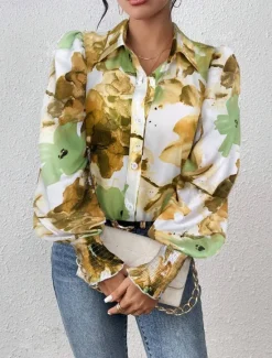 Clearance Women's Shirt Blouse Floral Elegant Ladies Stylish Long Sleeve Puff Sleeve Shirt Collar Regular Tops Work Daily Holiday Buttons Print Purple Green Spring Fall Winter Women Spring Tops