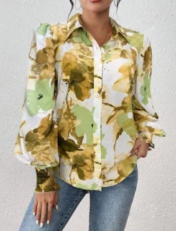 Clearance Women's Shirt Blouse Floral Elegant Ladies Stylish Long Sleeve Puff Sleeve Shirt Collar Regular Tops Work Daily Holiday Buttons Print Purple Green Spring Fall Winter Women Spring Tops