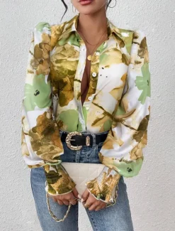 Clearance Women's Shirt Blouse Floral Elegant Ladies Stylish Long Sleeve Puff Sleeve Shirt Collar Regular Tops Work Daily Holiday Buttons Print Purple Green Spring Fall Winter Women Spring Tops