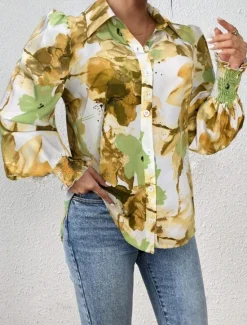 Clearance Women's Shirt Blouse Floral Elegant Ladies Stylish Long Sleeve Puff Sleeve Shirt Collar Regular Tops Work Daily Holiday Buttons Print Purple Green Spring Fall Winter Women Spring Tops