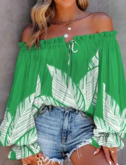 Hot Women's Shirt Blouse Floral Stylish Casual Long Sleeve Off Shoulder Regular Tops Daily Backless Print Royal Blue Blue Fuchsia Green Summer Spring Women Spring Tops
