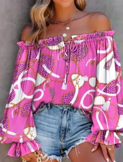 Hot Women's Shirt Blouse Floral Stylish Casual Long Sleeve Off Shoulder Regular Tops Daily Backless Print Royal Blue Blue Fuchsia Green Summer Spring Women Spring Tops
