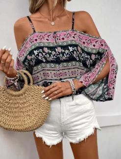 Discount Women's Shirt Blouse Floral Stylish Casual Long Sleeve Strap Regular Tops Daily Print Summer Spring Women Spring Tops