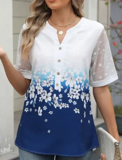 Outlet Women's Shirt Blouse Floral Casual Half Sleeve Notched Neck Regular Tops Daily Mesh Patchwork Buttons Black Wine Blue Summer Women Spring Tops