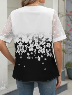 Outlet Women's Shirt Blouse Floral Casual Half Sleeve Notched Neck Regular Tops Daily Mesh Patchwork Buttons Black Wine Blue Summer Women Spring Tops