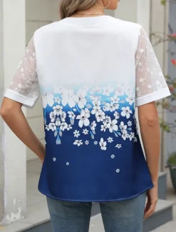 Outlet Women's Shirt Blouse Floral Casual Half Sleeve Notched Neck Regular Tops Daily Mesh Patchwork Buttons Black Wine Blue Summer Women Spring Tops
