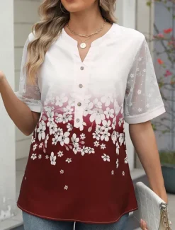 Outlet Women's Shirt Blouse Floral Casual Half Sleeve Notched Neck Regular Tops Daily Mesh Patchwork Buttons Black Wine Blue Summer Women Spring Tops