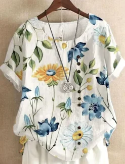 New Women's Shirt Blouse Floral Graphic Elegant Daily Short Sleeve Crew Neck Regular Tops Daily Linen Like Print Summer Women Blouses & Shirts
