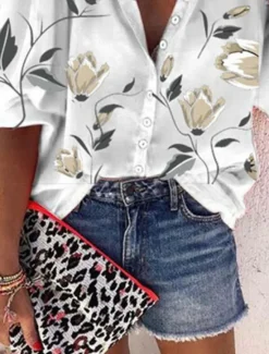 Women's Shirt Blouse Floral Stylish Casual Long Sleeve Shirt Collar Regular Tops Daily Buttons Print Black White Red Orange Summer Spring Women Spring Tops