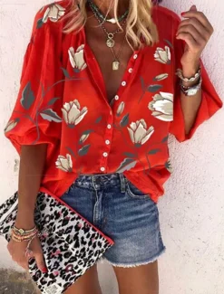 Women's Shirt Blouse Floral Stylish Casual Long Sleeve Shirt Collar Regular Tops Daily Buttons Print Black White Red Orange Summer Spring Women Spring Tops