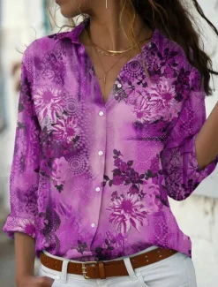 Clearance Women's Shirt Blouse Floral Stylish Casual Long Sleeve Shirt Collar Regular Tops Daily Buttons Print Red Blue Purple Green Summer Spring Women Spring Tops