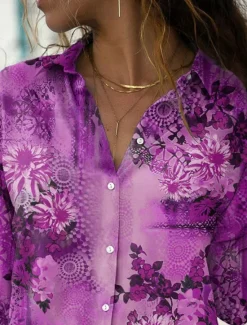 Clearance Women's Shirt Blouse Floral Stylish Casual Long Sleeve Shirt Collar Regular Tops Daily Buttons Print Red Blue Purple Green Summer Spring Women Spring Tops
