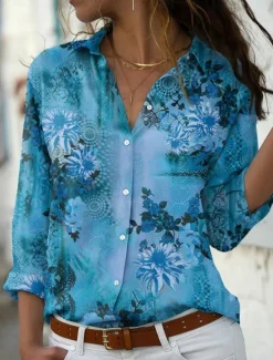 Clearance Women's Shirt Blouse Floral Stylish Casual Long Sleeve Shirt Collar Regular Tops Daily Buttons Print Red Blue Purple Green Summer Spring Women Spring Tops