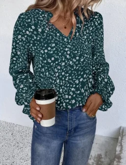 Online Women's Shirt Blouse Floral Stylish Casual Long Sleeve V Neck Regular Tops Daily Print Wine Green Beige Summer Spring Women Spring Tops