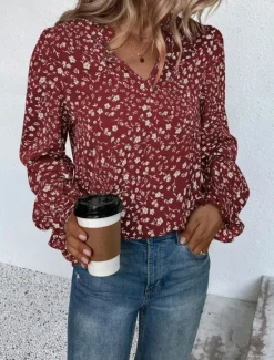 Online Women's Shirt Blouse Floral Stylish Casual Long Sleeve V Neck Regular Tops Daily Print Wine Green Beige Summer Spring Women Spring Tops