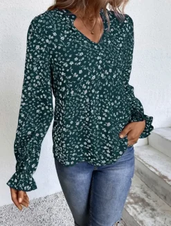 Online Women's Shirt Blouse Floral Stylish Casual Long Sleeve V Neck Regular Tops Daily Print Wine Green Beige Summer Spring Women Spring Tops