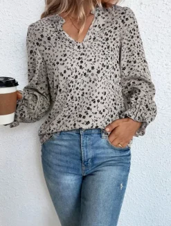 Online Women's Shirt Blouse Floral Stylish Casual Long Sleeve V Neck Regular Tops Daily Print Wine Green Beige Summer Spring Women Spring Tops