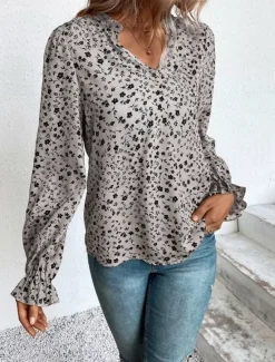 Online Women's Shirt Blouse Floral Stylish Casual Long Sleeve V Neck Regular Tops Daily Print Wine Green Beige Summer Spring Women Spring Tops