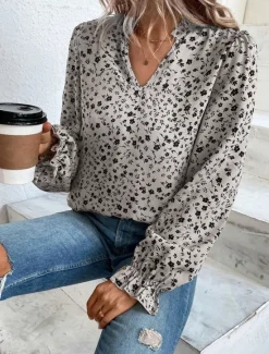 Online Women's Shirt Blouse Floral Stylish Casual Long Sleeve V Neck Regular Tops Daily Print Wine Green Beige Summer Spring Women Spring Tops