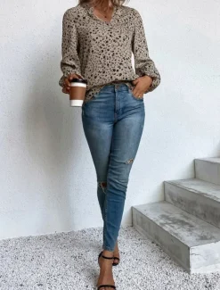 Online Women's Shirt Blouse Floral Stylish Casual Long Sleeve V Neck Regular Tops Daily Print Wine Green Beige Summer Spring Women Spring Tops