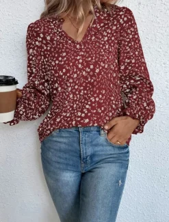 Online Women's Shirt Blouse Floral Stylish Casual Long Sleeve V Neck Regular Tops Daily Print Wine Green Beige Summer Spring Women Spring Tops