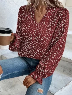Online Women's Shirt Blouse Floral Stylish Casual Long Sleeve V Neck Regular Tops Daily Print Wine Green Beige Summer Spring Women Spring Tops