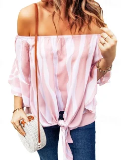New Women's Shirt Blouse Floral Striped Casual Half Sleeve Off Shoulder Regular Tops Vacation Daily Lace up Print Blue Spring & Summer Women Spring Tops