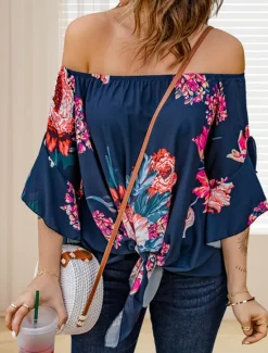 New Women's Shirt Blouse Floral Striped Casual Half Sleeve Off Shoulder Regular Tops Vacation Daily Lace up Print Blue Spring & Summer Women Spring Tops