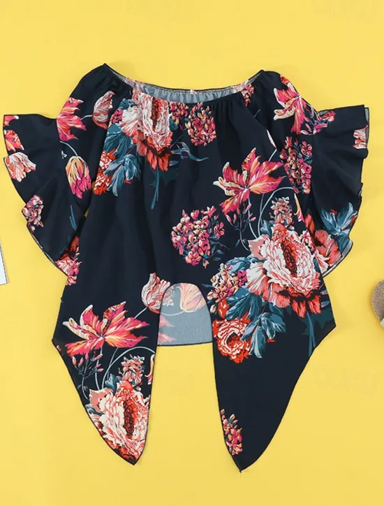 New Women's Shirt Blouse Floral Striped Casual Half Sleeve Off Shoulder Regular Tops Vacation Daily Lace up Print Blue Spring & Summer Women Spring Tops