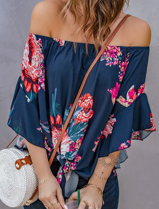 New Women's Shirt Blouse Floral Striped Casual Half Sleeve Off Shoulder Regular Tops Vacation Daily Lace up Print Blue Spring & Summer Women Spring Tops
