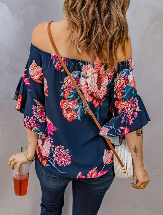 New Women's Shirt Blouse Floral Striped Casual Half Sleeve Off Shoulder Regular Tops Vacation Daily Lace up Print Blue Spring & Summer Women Spring Tops