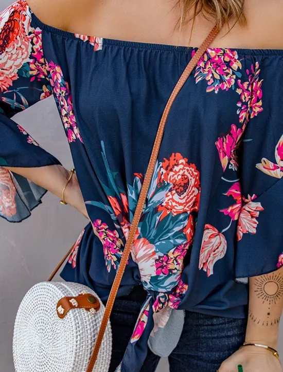 New Women's Shirt Blouse Floral Striped Casual Half Sleeve Off Shoulder Regular Tops Vacation Daily Lace up Print Blue Spring & Summer Women Spring Tops