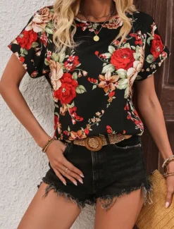 Clearance Women's Shirt Blouse Floral Stylish Casual Short Sleeve Crew Neck Regular Tops Daily Print Summer Spring Women Spring Tops