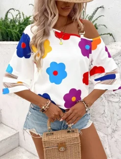 Online Women's Shirt Blouse Floral Casual 3/4 Length Sleeve Cold Shoulder Regular Tops Daily Mesh Patchwork Cut Out Spring Fall Women Blouses & Shirts