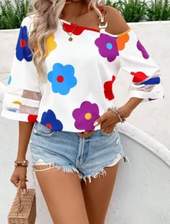 Online Women's Shirt Blouse Floral Casual 3/4 Length Sleeve Cold Shoulder Regular Tops Daily Mesh Patchwork Cut Out Spring Fall Women Blouses & Shirts