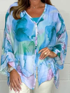 Discount Women's Shirt Blouse Floral Stylish Casual Long Sleeve V Neck Regular Tops Daily Buttons Print Pink Blue Orange Green Summer Spring Fall Women Spring Tops
