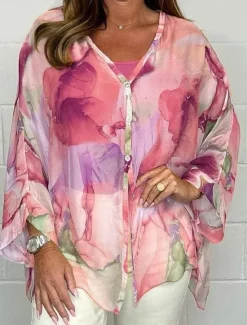 Discount Women's Shirt Blouse Floral Stylish Casual Long Sleeve V Neck Regular Tops Daily Buttons Print Pink Blue Orange Green Summer Spring Fall Women Spring Tops