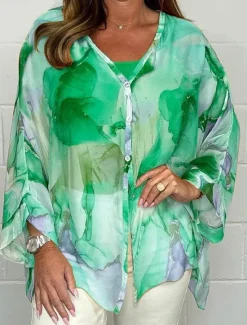 Discount Women's Shirt Blouse Floral Stylish Casual Long Sleeve V Neck Regular Tops Daily Buttons Print Pink Blue Orange Green Summer Spring Fall Women Spring Tops