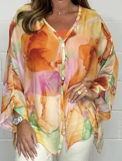Discount Women's Shirt Blouse Floral Stylish Casual Long Sleeve V Neck Regular Tops Daily Buttons Print Pink Blue Orange Green Summer Spring Fall Women Spring Tops