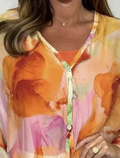 Discount Women's Shirt Blouse Floral Stylish Casual Long Sleeve V Neck Regular Tops Daily Buttons Print Pink Blue Orange Green Summer Spring Fall Women Spring Tops