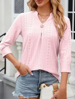 Discount Women's Shirt Blouse Floral Stylish Casual Long Sleeve Notched Neck Regular Tops Daily Eyelet White Pink Summer Spring Women Lace Tops